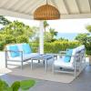 SAFAVIEH Outdoor Collection Montez Natural/ Beige Cushions/ Navy Pillows 4-Piece Conversation Patio Set(Grey / Beige + Solid Pillow)