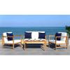 SAFAVIEH Outdoor Collection Montez Natural/ Beige Cushions/ Navy Pillows 4-Piece Conversation Patio Set(Natural / Beige + Solid Pillow)