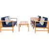 SAFAVIEH Outdoor Collection Montez Natural/ Beige Cushions/ Navy Pillows 4-Piece Conversation Patio Set(Natural / Navy + Trellis P)