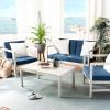 SAFAVIEH Outdoor Collection Montez Natural/ Beige Cushions/ Navy Pillows 4-Piece Conversation Patio Set(White / Navy + Solid Pillow)