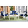 SAFAVIEH Outdoor Collection Montez Natural/ Beige Cushions/ Navy Pillows 4-Piece Conversation Patio Set(White / Navy + Trellis Pillow)
