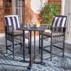 SAFAVIEH Outdoor Collection Pate White/ Navy Cushions/ Stripe Pillows 3-Piece Bar Table Bistro Set(Black / Beige + Thick Stripe P)
