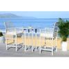 SAFAVIEH Outdoor Collection Pate White/ Navy Cushions/ Stripe Pillows 3-Piece Bar Table Bistro Set(Grey / Beige + Solid Pillow)