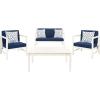 SAFAVIEH Outdoor Collection Montez Natural/ Beige Cushions/ Navy Pillows 4-Piece Conversation Patio Set(White / Navy + Trellis Pillow)