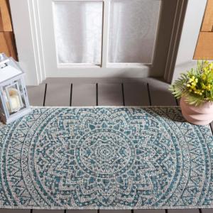 SAFAVIEH Courtyard Collection 8′ x 10′ Beige/Brown CY8734 Indoor-Outdoor Patio Backyard Mudroom Area-Rug(Light Grey/Teal)