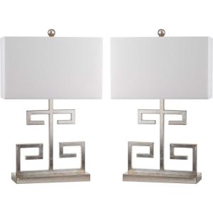 SAFAVIEH Lighting Collection – Set of 2 Greek Key Modern Gold 24-Inch Table Lamps, White Rectangular Shade, LED Bulbs Included, Bedroom Living Room Home Office (LIT4160C-SET2)(Chrome – Set of 2)