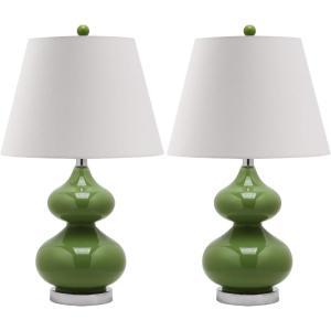 SAFAVIEH Lighting Collection Eva Modern Contemporary Fern Green Double Gourd Glass 24-inch Bedroom Living Room Home Office Desk Nightstand Table Lamp Set of 2 (LED Bulbs Included)(Green – Set of 2)