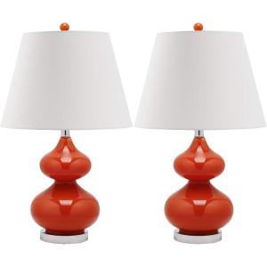 SAFAVIEH Lighting Collection Eva Modern Contemporary Fern Green Double Gourd Glass 24-inch Bedroom Living Room Home Office Desk Nightstand Table Lamp Set of 2 (LED Bulbs Included)(Orange – Set of 2)