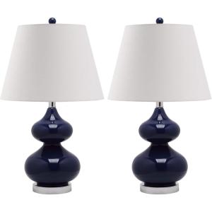 SAFAVIEH Lighting Collection Eva Modern Contemporary Fern Green Double Gourd Glass 24-inch Bedroom Living Room Home Office Desk Nightstand Table Lamp Set of 2 (LED Bulbs Included)(Navy – Set of 2)