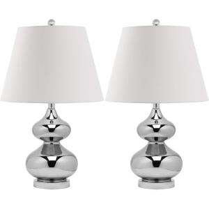 SAFAVIEH Lighting Collection Eva Modern Contemporary Fern Green Double Gourd Glass 24-inch Bedroom Living Room Home Office Desk Nightstand Table Lamp Set of 2 (LED Bulbs Included)(Silver – Set of 2)