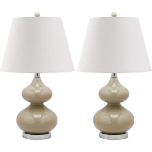 SAFAVIEH Lighting Collection Eva Modern Contemporary Fern Green Double Gourd Glass 24-inch Bedroom Living Room Home Office Desk Nightstand Table Lamp Set of 2 (LED Bulbs Included)(Taupe – Set of 2)