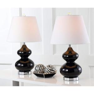 SAFAVIEH Lighting Collection Eva Modern Contemporary Fern Green Double Gourd Glass 24-inch Bedroom Living Room Home Office Desk Nightstand Table Lamp Set of 2 (LED Bulbs Included)(Black – Set of 2)