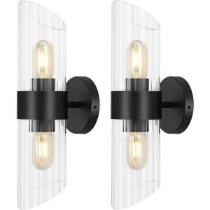 SAFAVIEH Lighting Collection Eytan Clear Glass/Black Vertical Wall Sconce Set of 2 Light Fixture, Ideal for Bathroom, Entryway, Vanity, Foyer, Hallway, Living Room (LED Bulbs Included)(Black)