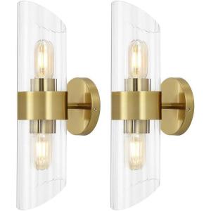 SAFAVIEH Lighting Collection Eytan Clear Glass/Black Vertical Wall Sconce Set of 2 Light Fixture, Ideal for Bathroom, Entryway, Vanity, Foyer, Hallway, Living Room (LED Bulbs Included)(Brass)