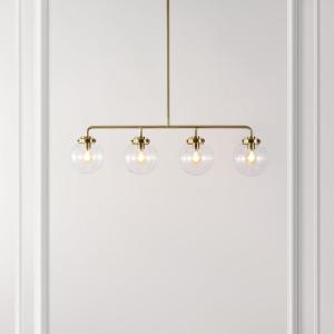 SAFAVIEH Lighting Collection Markle Brass Gold/Clear 4-Light Adjustable Pendant Chandelier Hanging Light Fixture, Ideal for Dining Room, Kitchen Island, Entryway (LED Bulbs Included)