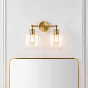 SAFAVIEH Lighting Collection Navia Brass/Clear Glass Shade 2-Light Wall Sconce Light Fixture, Ideal for Bathroom, Entryway, Vanity, Foyer, Hallway, Living Room (LED Bulbs Included)