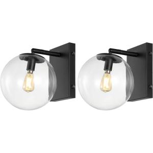 SAFAVIEH Lighting Collection Seoul Modern Gold/Clear Glass Globe Shade Wall Sconce Set of 2 Light Fixture, Ideal for Bathroom, Entryway, Vanity, Foyer, Hallway, Living Room (LED Bulbs Included)(Black)