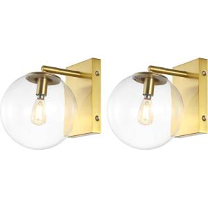 SAFAVIEH Lighting Collection Seoul Modern Gold/Clear Glass Globe Shade Wall Sconce Set of 2 Light Fixture, Ideal for Bathroom, Entryway, Vanity, Foyer, Hallway, Living Room (LED Bulbs Included)(Gold)