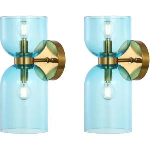 SAFAVIEH Lighting Collection Solyn Blue Glass Shade/Brass Wall Sconce Set of 2 Light Fixture, Ideal for Bathroom, Entryway, Vanity, Foyer, Hallway, Living Room (LED Bulbs Included)(Blue/Brass)