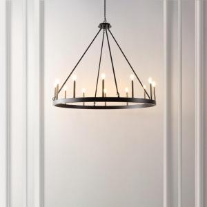 SAFAVIEH Lighting Collection Taelor Matte Black/Gold 12-Light Wagon Wheel Hanging Adjustable Chandelier Light Fixture (LED Bulbs Included)