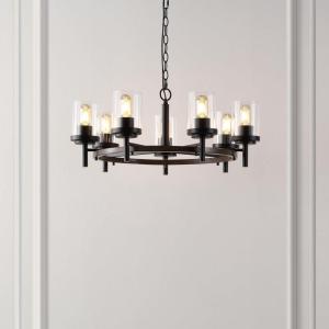 SAFAVIEH Lighting Collection Vancouver Modern Black/Brown 7-Light Round Wagon Wheel Hanging Adjustable Chandelier Light Fixture (LED Bulbs Included)