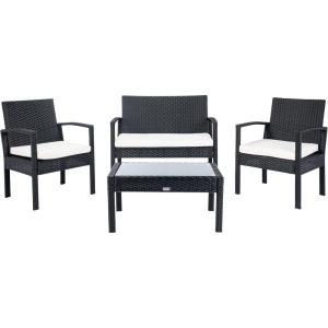 SAFAVIEH Outdoor Collection Bassey Natural/White Cushion 4-Piece Conversation Patio Set PAT7507D(Black/Beige)