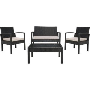SAFAVIEH Outdoor Collection Bassey Natural/White Cushion 4-Piece Conversation Patio Set PAT7507D(Black/Light Grey)