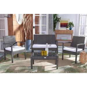 SAFAVIEH Outdoor Collection Bassey Natural/White Cushion 4-Piece Conversation Patio Set PAT7507D(Grey Brown/White)