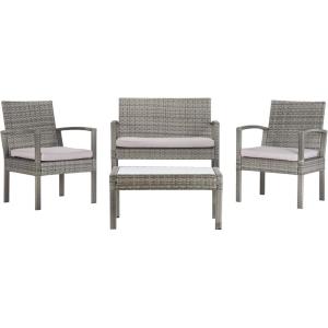 SAFAVIEH Outdoor Collection Bassey Natural/White Cushion 4-Piece Conversation Patio Set PAT7507D(Grey/Grey)
