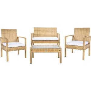 SAFAVIEH Outdoor Collection Bassey Natural/White Cushion 4-Piece Conversation Patio Set PAT7507D(Natural/White)