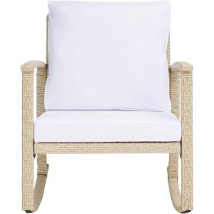 SAFAVIEH Outdoor Collection Daire Woven Beige/White Cushion Rocking Chair for Patio Porch Backyard Sunroom(Beige/White)