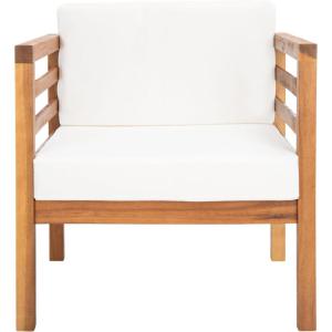 SAFAVIEH Outdoor Collection Kinnell Natural Acacia Wood/Grey Cushion Armchair(Natural/Beige)