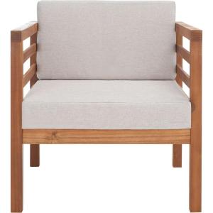 SAFAVIEH Outdoor Collection Kinnell Natural Acacia Wood/Grey Cushion Armchair(Natural/Light Grey)