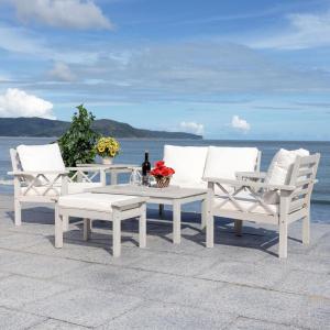 SAFAVIEH Outdoor Collection Loanna Natural/Light Grey Cushion Solid Wood 6-Piece Conversation Patio Set(Grey/Beige)