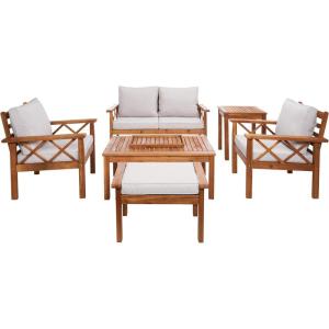 SAFAVIEH Outdoor Collection Loanna Natural/Light Grey Cushion Solid Wood 6-Piece Conversation Patio Set(Natural/Light Grey)