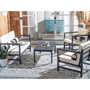 SAFAVIEH Outdoor Collection Montez Natural/ Beige Cushions/ Navy Pillows 4-Piece Conversation Patio Set(Black / Beige + Bolster P)