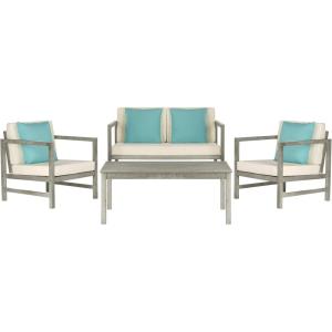 SAFAVIEH Outdoor Collection Montez Natural/ Beige Cushions/ Navy Pillows 4-Piece Conversation Patio Set(Grey / Beige + Solid Pillow)
