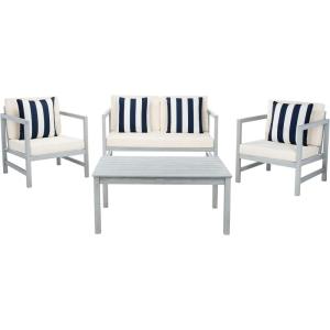 SAFAVIEH Outdoor Collection Montez Natural/ Beige Cushions/ Navy Pillows 4-Piece Conversation Patio Set(Grey / Beige + Thick Stripe P)