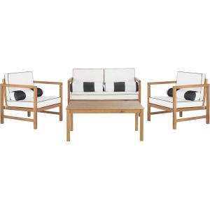 SAFAVIEH Outdoor Collection Montez Natural/ Beige Cushions/ Navy Pillows 4-Piece Conversation Patio Set(Natural / Beige + Bolster P)