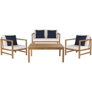SAFAVIEH Outdoor Collection Montez Natural/ Beige Cushions/ Navy Pillows 4-Piece Conversation Patio Set(Natural / Beige + Solid Pillow)
