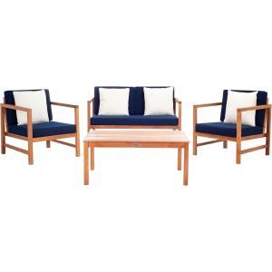 SAFAVIEH Outdoor Collection Montez Natural/ Beige Cushions/ Navy Pillows 4-Piece Conversation Patio Set(Natural / Navy + Solid Pillow)