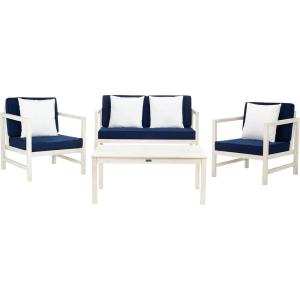 SAFAVIEH Outdoor Collection Montez Natural/ Beige Cushions/ Navy Pillows 4-Piece Conversation Patio Set(White / Navy + Solid Pillow)
