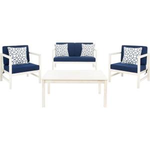 SAFAVIEH Outdoor Collection Montez Natural/ Beige Cushions/ Navy Pillows 4-Piece Conversation Patio Set(White / Navy + Trellis Pillow)