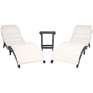 SAFAVIEH Outdoor Collection Pacifica Natural Brown Solid Wood/Navy Cushion 3-Piece Chaise Lounge Set with Table (PAT7020C)(Black/Beige)