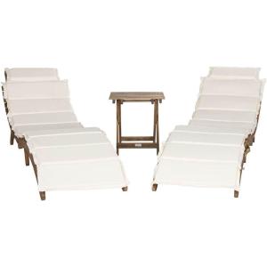 SAFAVIEH Outdoor Collection Pacifica Natural Brown Solid Wood/Navy Cushion 3-Piece Chaise Lounge Set with Table (PAT7020C)(Natural/Beige)