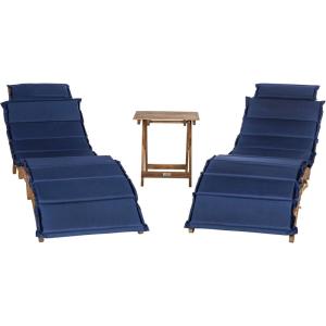 SAFAVIEH Outdoor Collection Pacifica Natural Brown Solid Wood/Navy Cushion 3-Piece Chaise Lounge Set with Table (PAT7020C)(Natural/Navy)