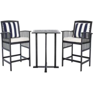 SAFAVIEH Outdoor Collection Pate White/ Navy Cushions/ Stripe Pillows 3-Piece Bar Table Bistro Set(Black / Beige + Thick Stripe P)
