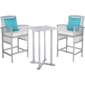 SAFAVIEH Outdoor Collection Pate White/ Navy Cushions/ Stripe Pillows 3-Piece Bar Table Bistro Set(Grey / Beige + Solid Pillow)