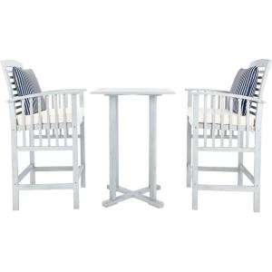 SAFAVIEH Outdoor Collection Pate White/ Navy Cushions/ Stripe Pillows 3-Piece Bar Table Bistro Set(Grey / Beige + Thin Stripe P)