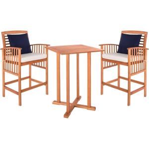 SAFAVIEH Outdoor Collection Pate White/ Navy Cushions/ Stripe Pillows 3-Piece Bar Table Bistro Set(Natural / Beige + Solid Pillow)